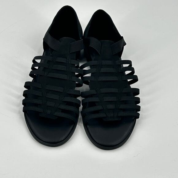 NWOT Eileen Fisher Rato Honey Leather Sandals 7.5 Flats Fisherman Black Travel - Picture 4 of 7